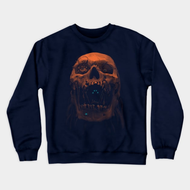 Robot Cyborg Skull Sci-Fi T shirt - Orange Crewneck Sweatshirt by KalebLechowsk